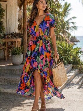Abel The Label Tropical Midi Dress Multicolor XS Boho Vacation Summer Resortwear